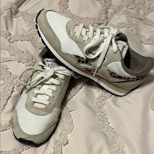 Reebok Women's Cream and White Sneakers with Leopard Detail